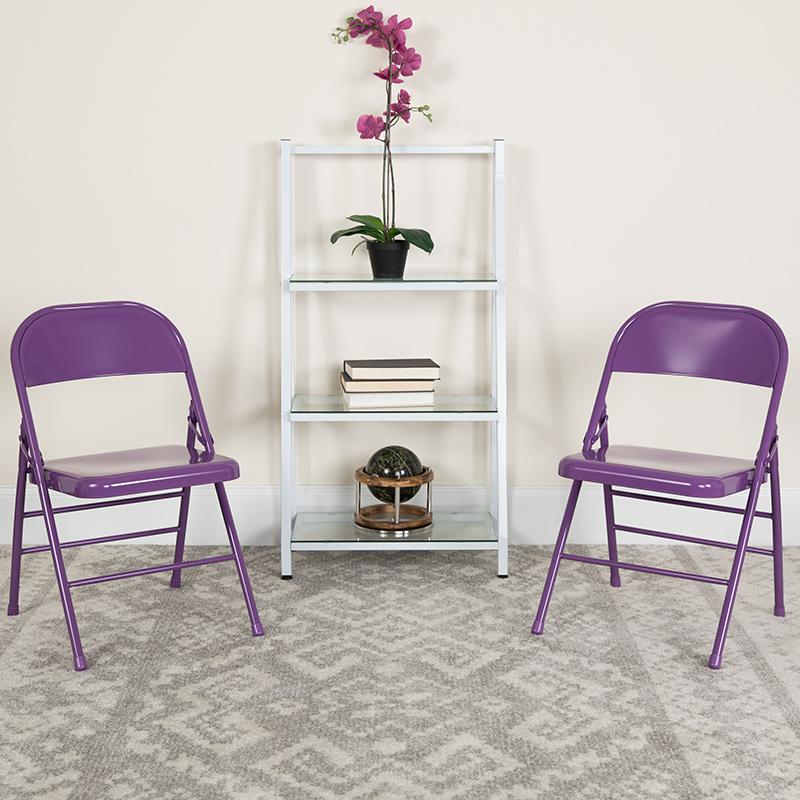 2 Pack HERCULES COLORBURST Series Impulsive Purple Triple Braced & Double Hinged Metal Folding Chair. Picture 2