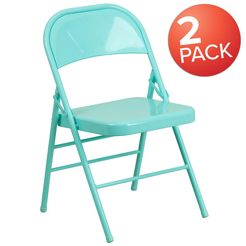 2 Pack HERCULES COLORBURST Series Tantalizing Teal Triple Braced & Double Hinged Metal Folding Chair. Picture 1