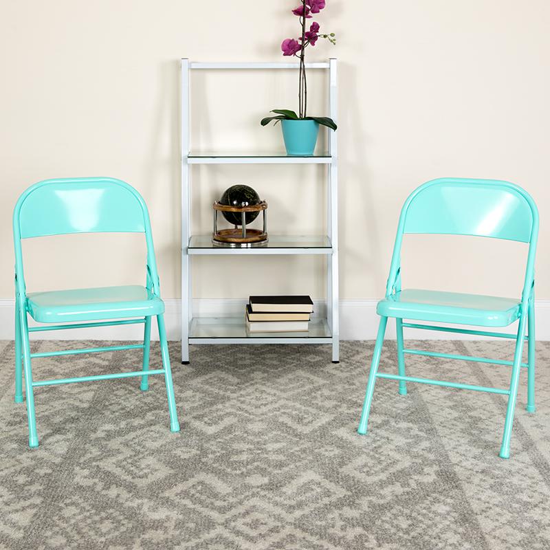 2 Pack HERCULES COLORBURST Series Tantalizing Teal Triple Braced & Double Hinged Metal Folding Chair. Picture 2