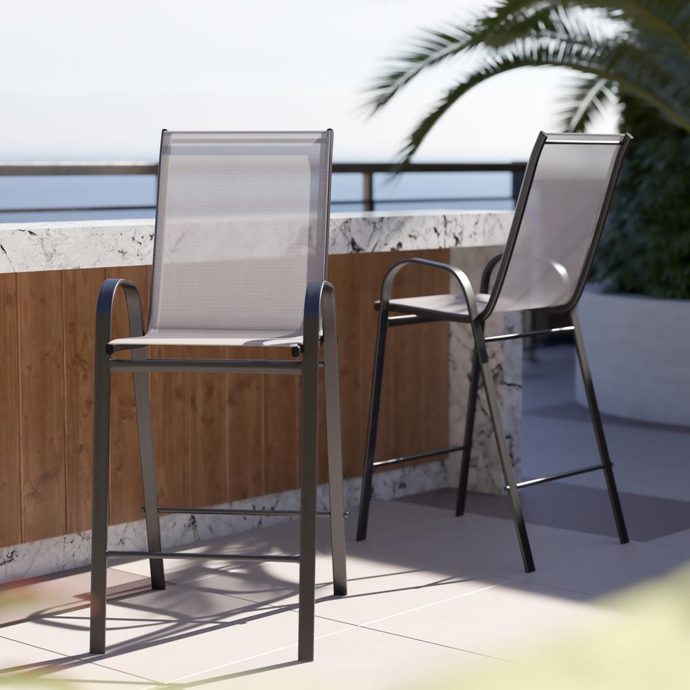 2 Pack Brazos Series Gray Stackable Outdoor Barstools with Flex Comfort Material and Metal Frame. Picture 1