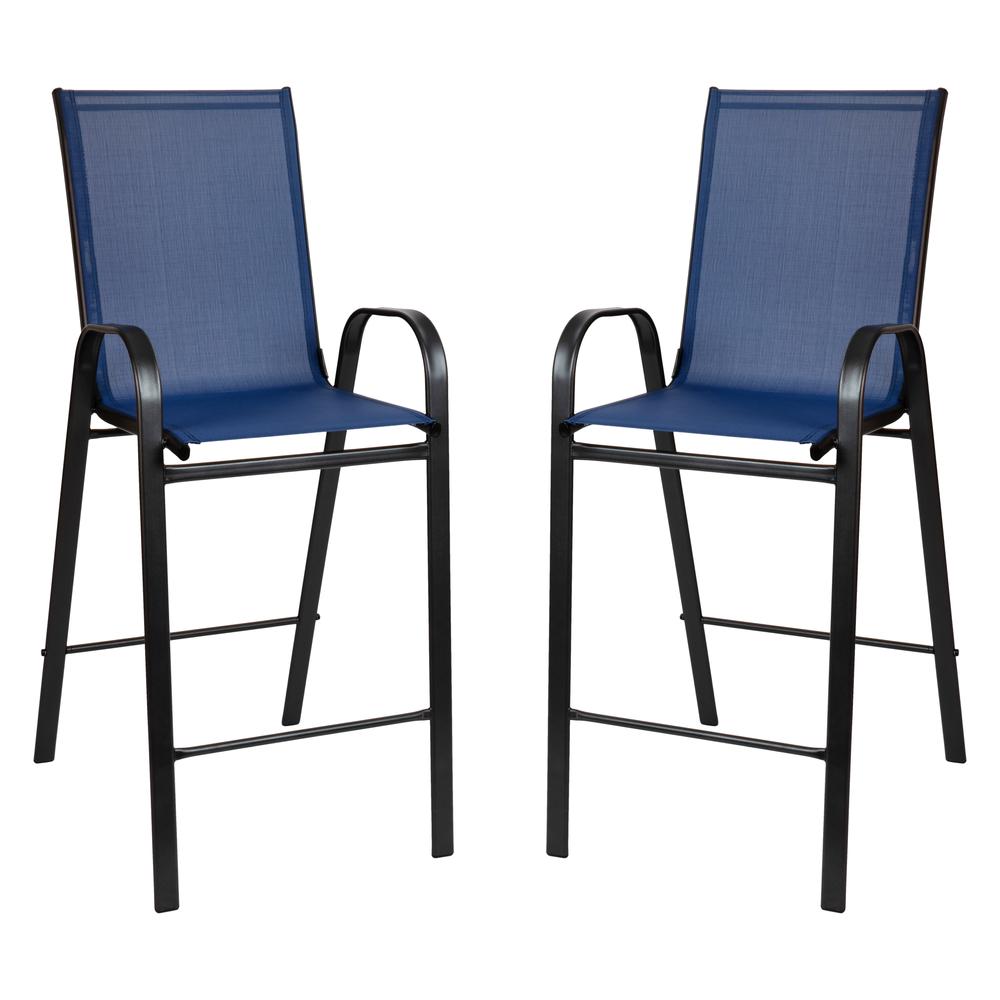 2 Pack Brazos Series Navy Stackable Outdoor Barstools with Flex Comfort Material and Metal Frame. Picture 3