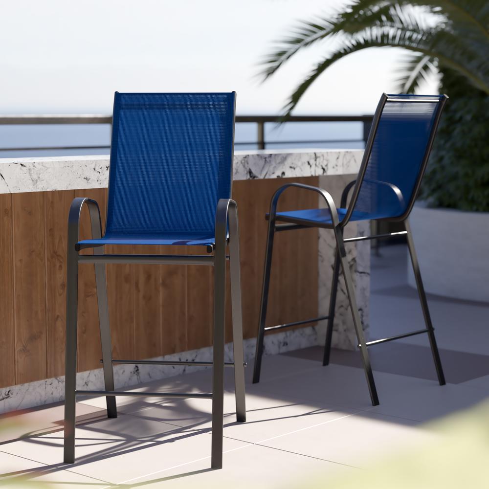 2 Pack Brazos Series Navy Stackable Outdoor Barstools with Flex Comfort Material and Metal Frame. Picture 1