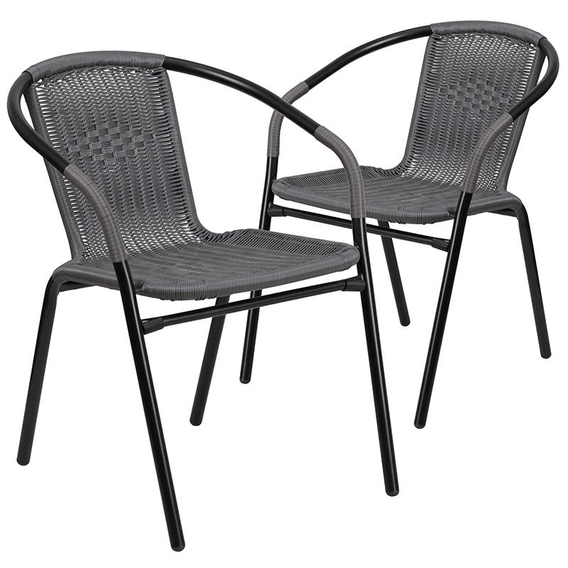 2 Pack Gray Rattan Indoor-Outdoor Restaurant Stack Chair. Picture 1
