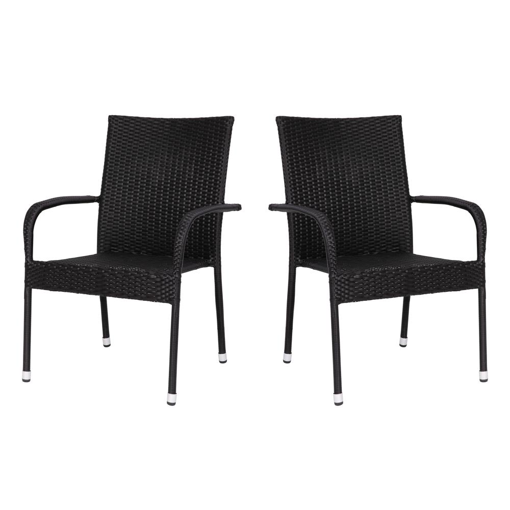 Maxim Set of 2 Stackable Indoor/Outdoor Wicker Dining Chairs with Arms - Fade & Weather-Resistant Steel Frames - Black. Picture 3