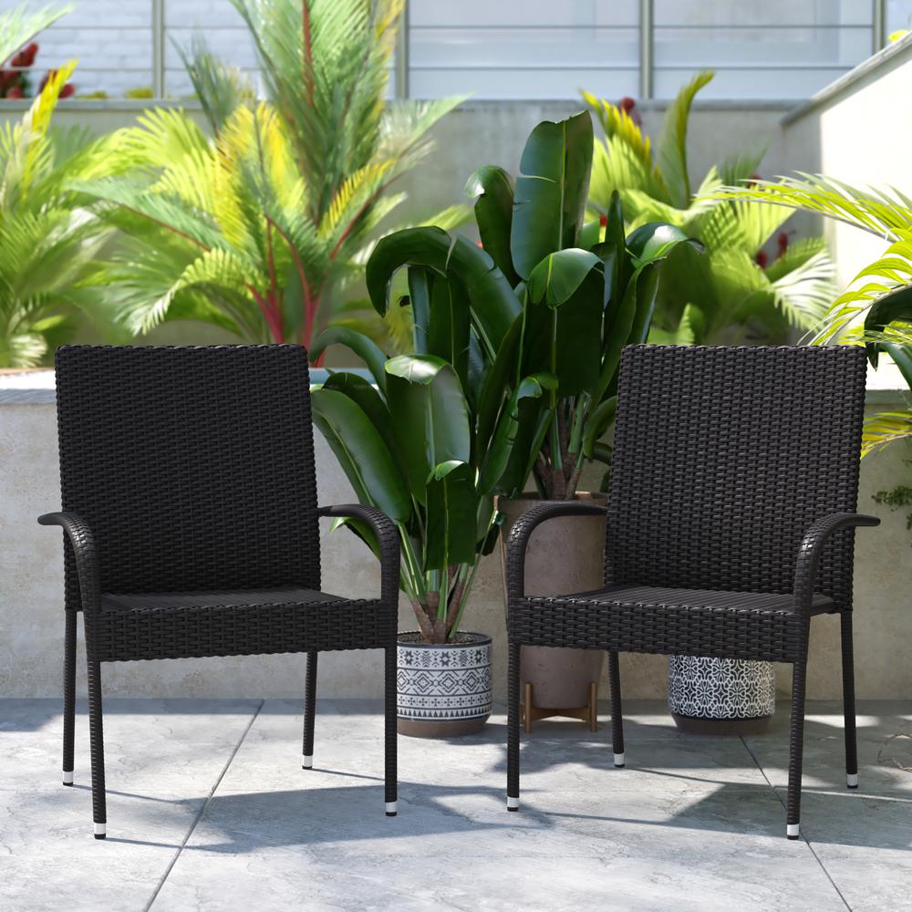 Maxim Set of 2 Stackable Indoor/Outdoor Wicker Dining Chairs with Arms - Fade & Weather-Resistant Steel Frames - Black. The main picture.