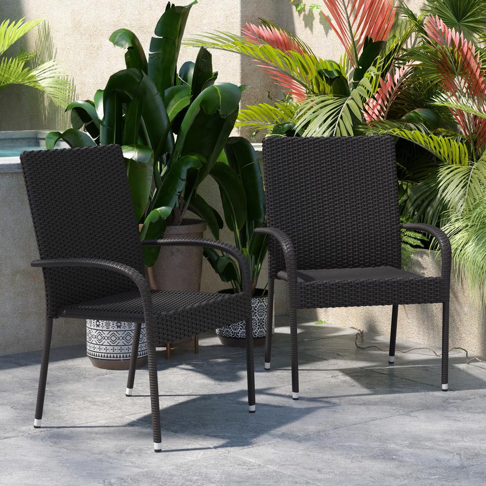 Maxim Set of 2 Stackable Indoor/Outdoor Wicker Dining Chairs with Arms - Fade & Weather-Resistant Steel Frames - Black. Picture 7