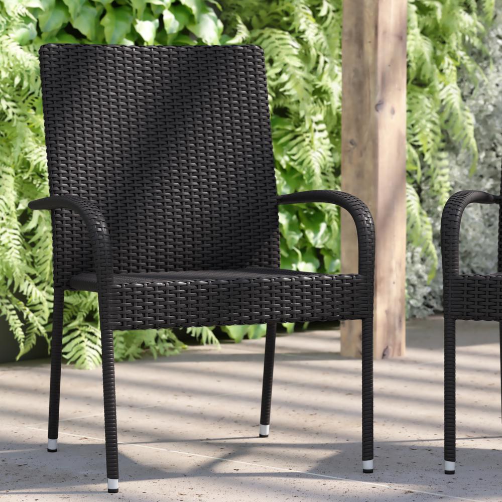 Maxim Set of 2 Stackable Indoor/Outdoor Wicker Dining Chairs with Arms - Fade & Weather-Resistant Steel Frames - Black. Picture 8