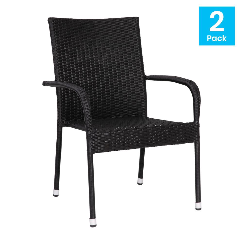 Maxim Set of 2 Stackable Indoor/Outdoor Wicker Dining Chairs with Arms - Fade & Weather-Resistant Steel Frames - Black. Picture 2