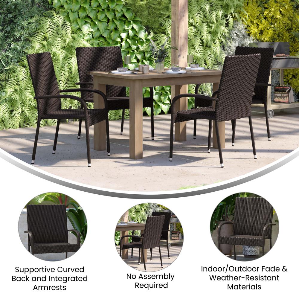 Maxim Set of 2 Stackable Indoor/Outdoor Wicker Dining Chairs with Arms - Fade & Weather-Resistant Steel Frames - Espresso. Picture 5