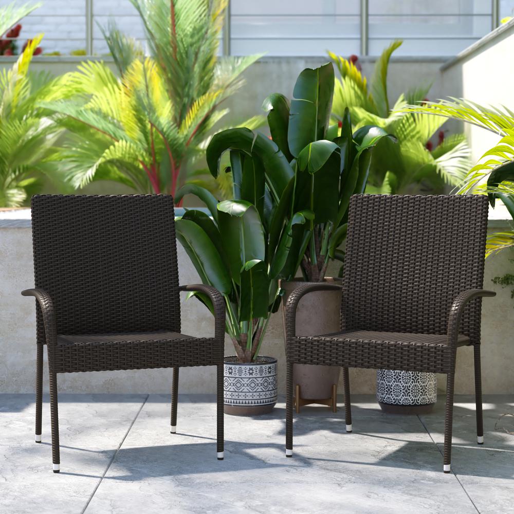 Maxim Set of 2 Stackable Indoor/Outdoor Wicker Dining Chairs with Arms - Fade & Weather-Resistant Steel Frames - Espresso. Picture 1