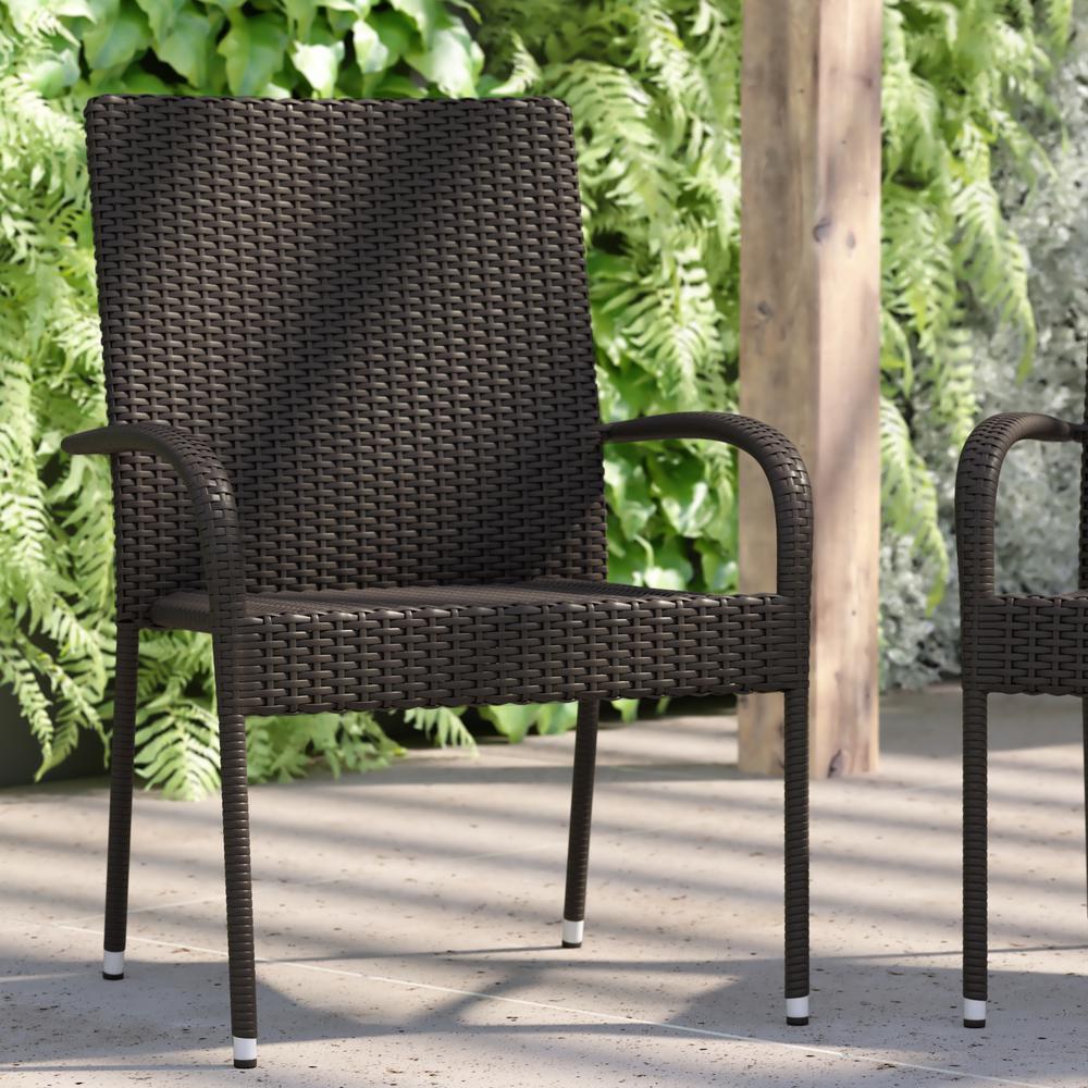 Maxim Set of 2 Stackable Indoor/Outdoor Wicker Dining Chairs with Arms - Fade & Weather-Resistant Steel Frames - Espresso. Picture 7