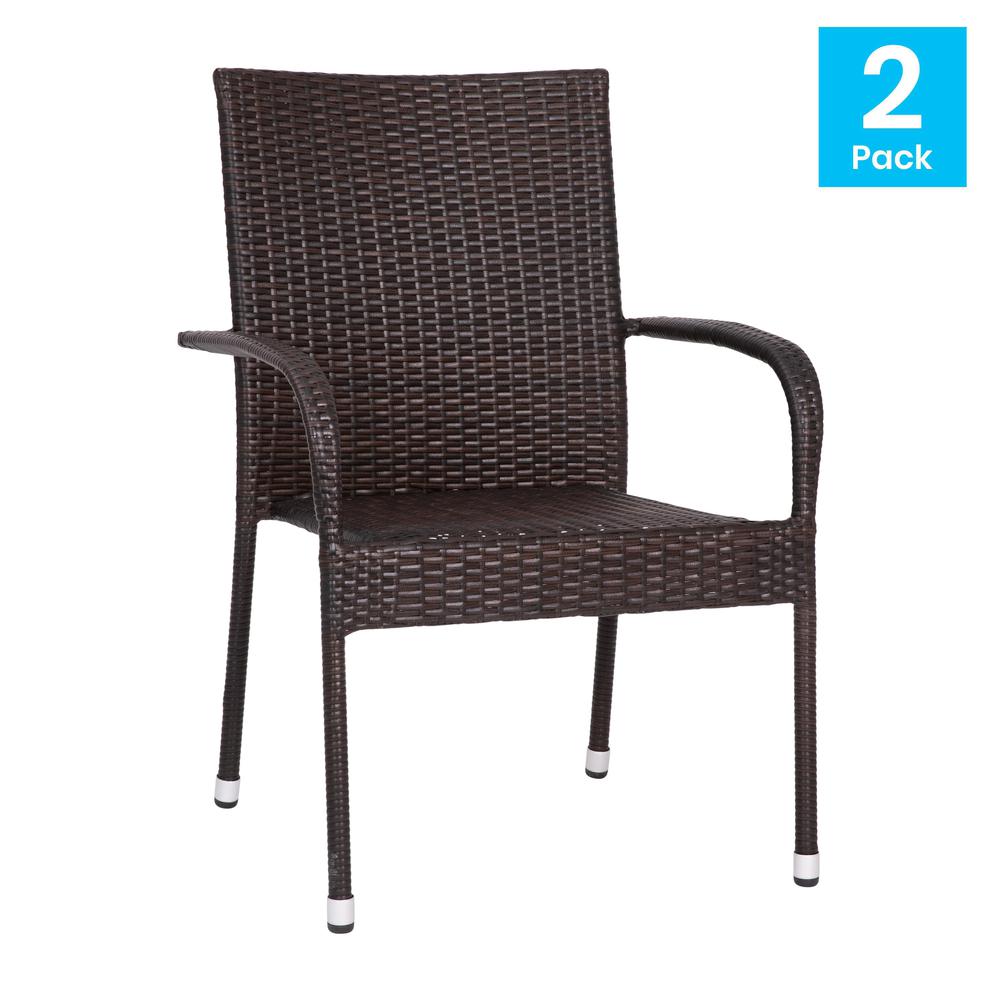 Maxim Set of 2 Stackable Indoor/Outdoor Wicker Dining Chairs with Arms - Fade & Weather-Resistant Steel Frames - Espresso. Picture 2