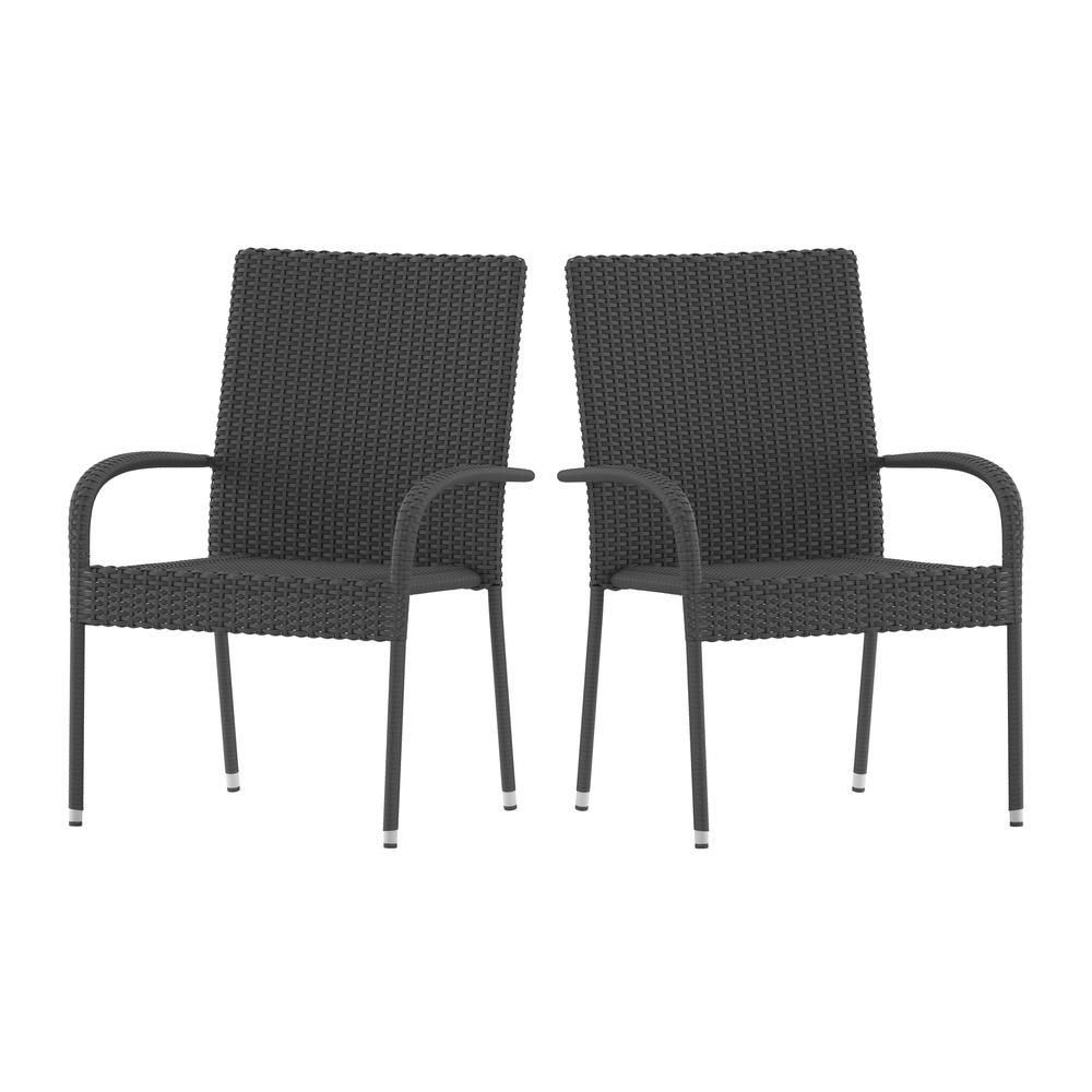 Maxim Set of 2 Stackable Indoor/Outdoor Wicker Dining Chairs with Arms - Fade & Weather-Resistant Steel Frames - Gray. Picture 3