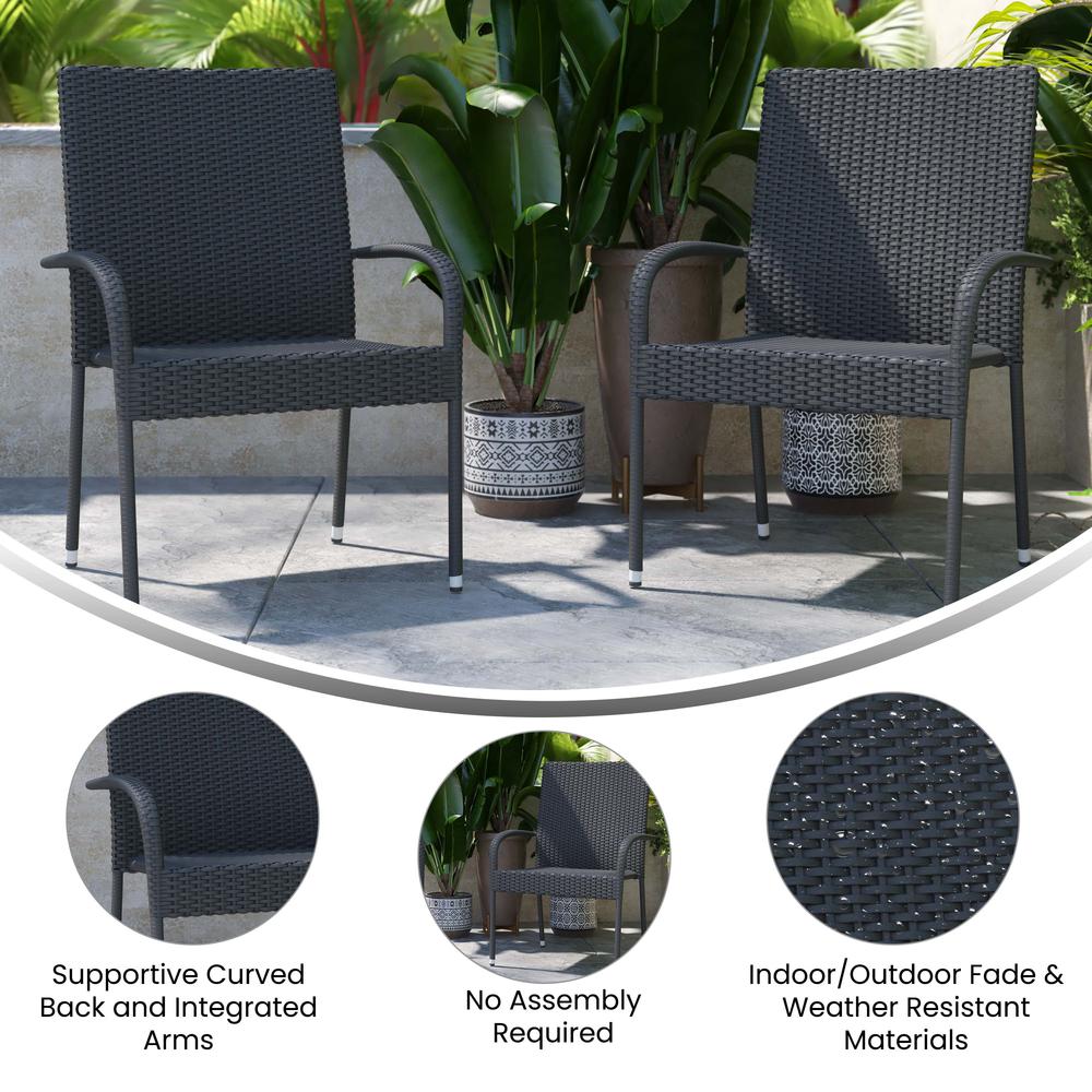 Maxim Set of 2 Stackable Indoor/Outdoor Wicker Dining Chairs with Arms - Fade & Weather-Resistant Steel Frames - Gray. Picture 5
