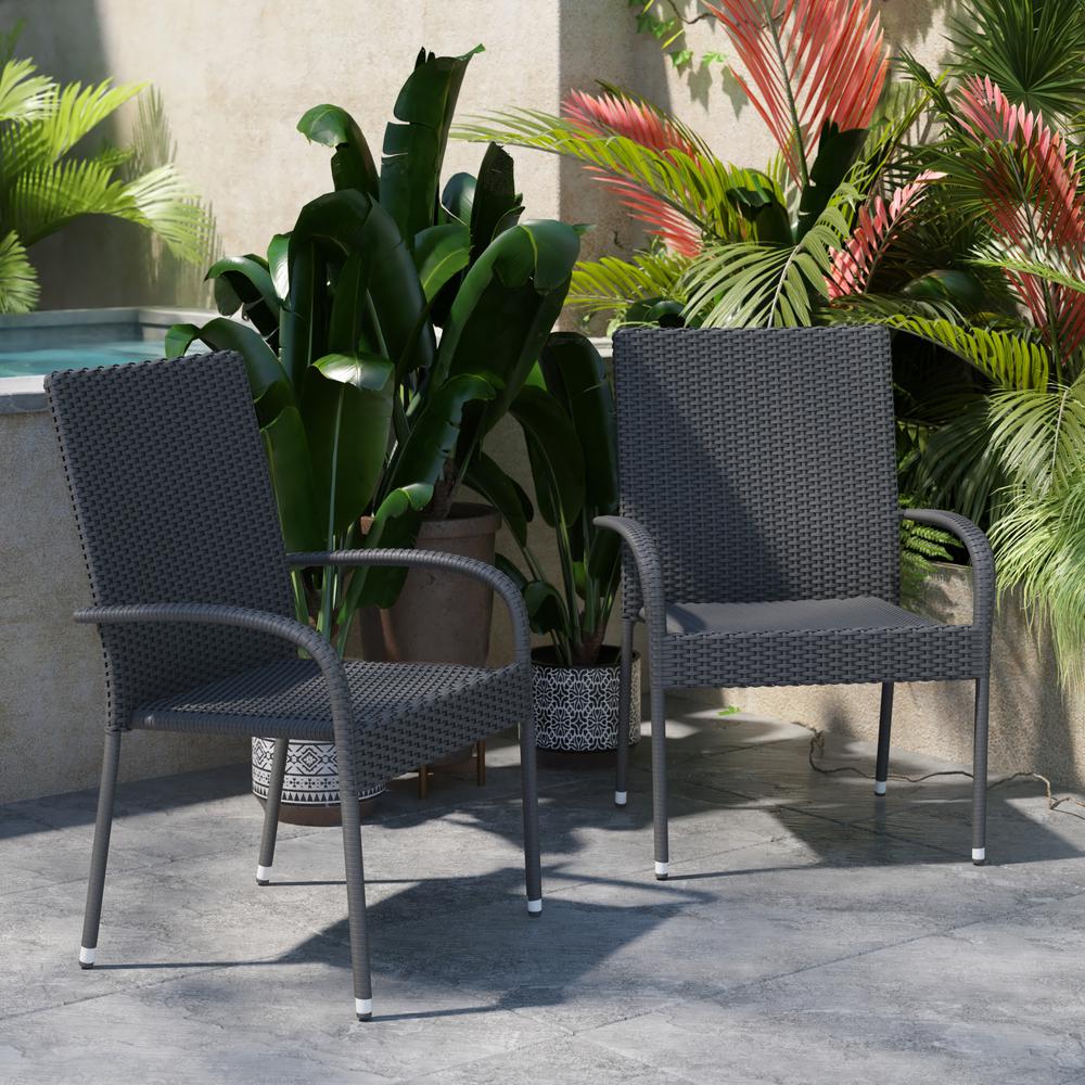 Maxim Set of 2 Stackable Indoor/Outdoor Wicker Dining Chairs with Arms - Fade & Weather-Resistant Steel Frames - Gray. Picture 7