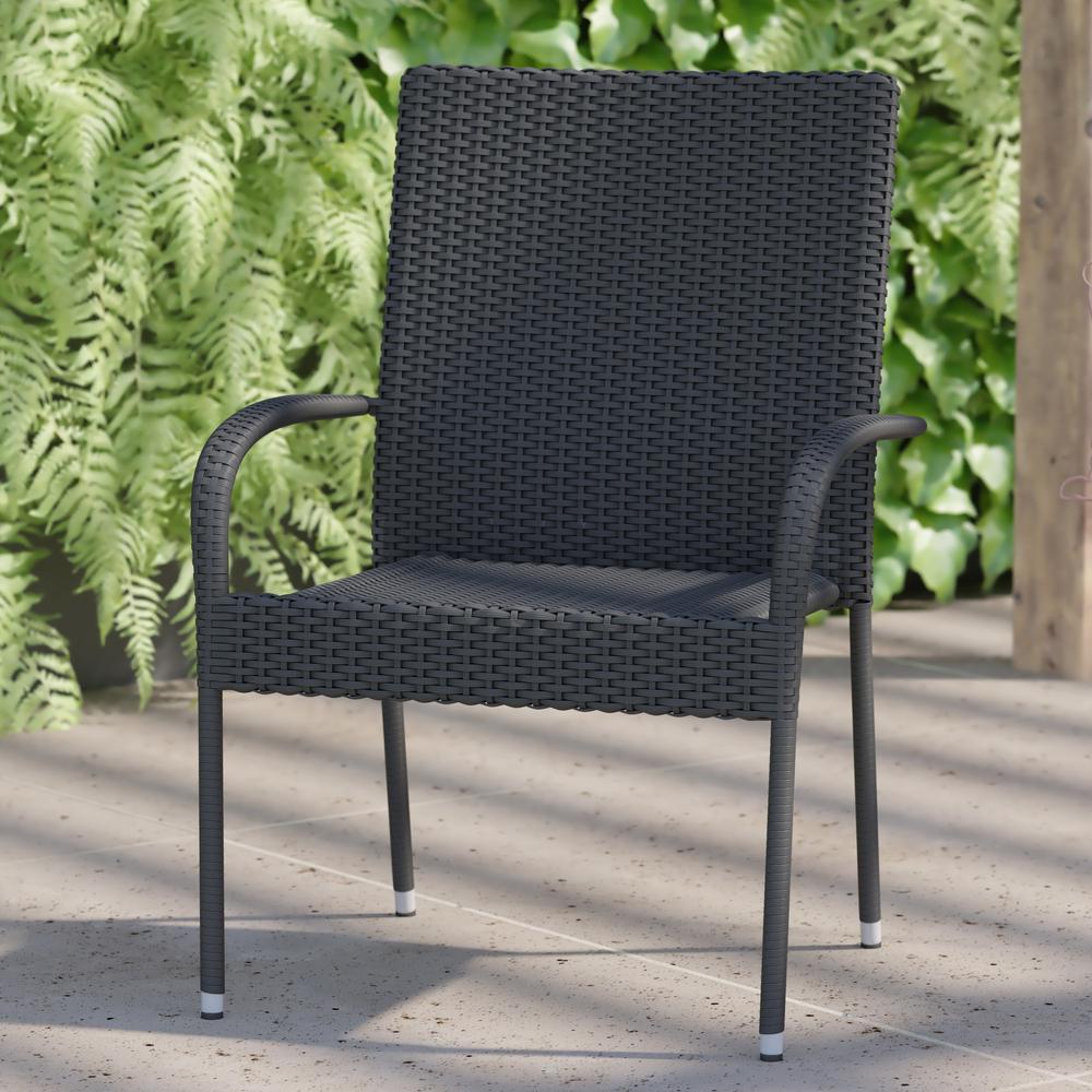 Maxim Set of 2 Stackable Indoor/Outdoor Wicker Dining Chairs with Arms - Fade & Weather-Resistant Steel Frames - Gray. Picture 8