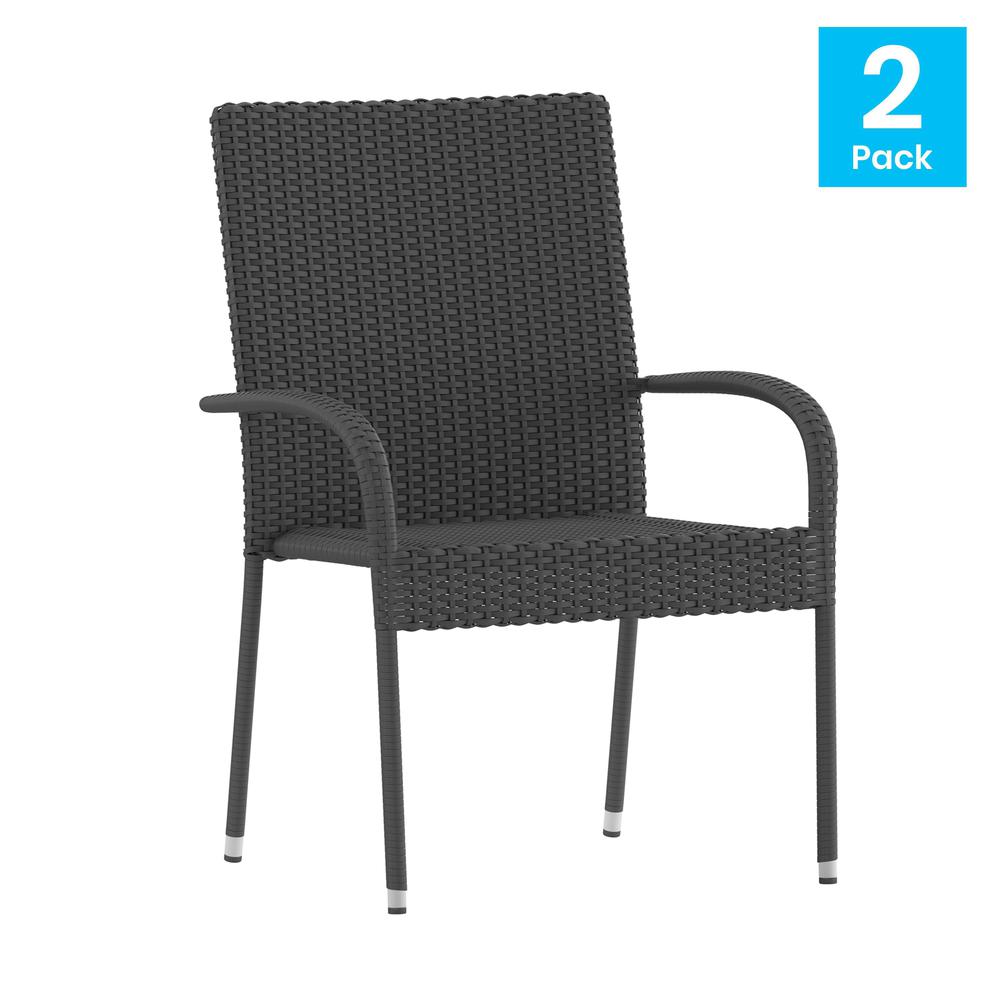 Maxim Set of 2 Stackable Indoor/Outdoor Wicker Dining Chairs with Arms - Fade & Weather-Resistant Steel Frames - Gray. Picture 2