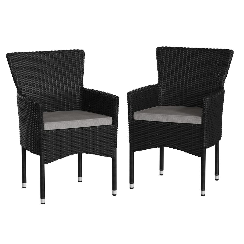 Maxim Modern Black Wicker Patio Armchairs for Deck or Backyard, Fade and Weather-Resistant Frames and Gray Cushions-Set of 2. Picture 3