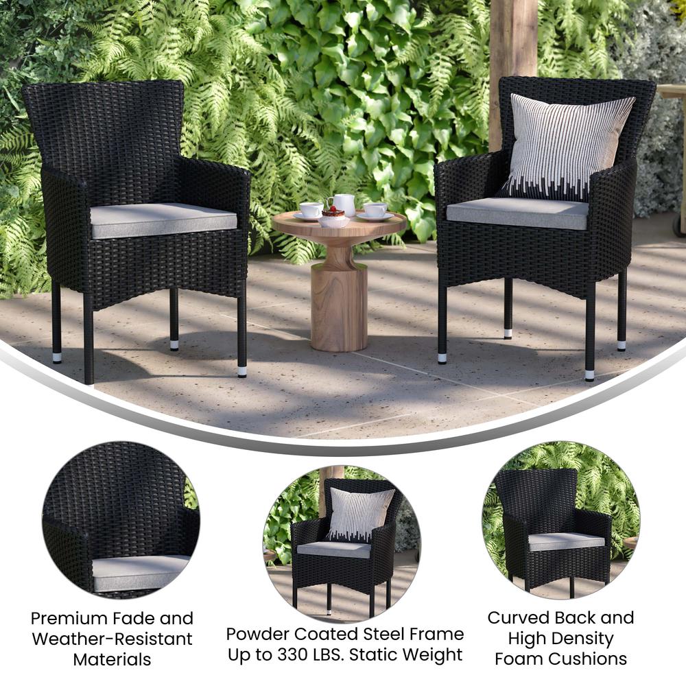 Maxim Modern Black Wicker Patio Armchairs for Deck or Backyard, Fade and Weather-Resistant Frames and Gray Cushions-Set of 2. Picture 5