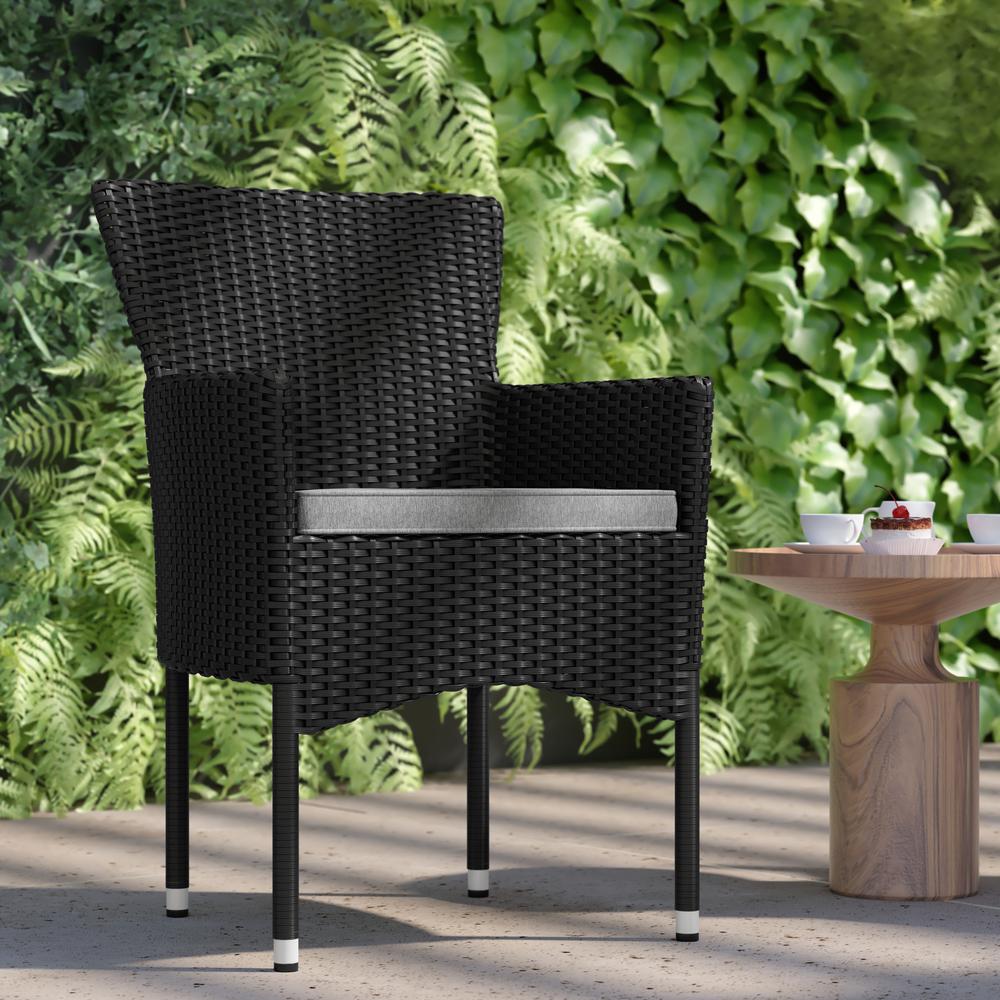 Maxim Modern Black Wicker Patio Armchairs for Deck or Backyard, Fade and Weather-Resistant Frames and Gray Cushions-Set of 2. Picture 8