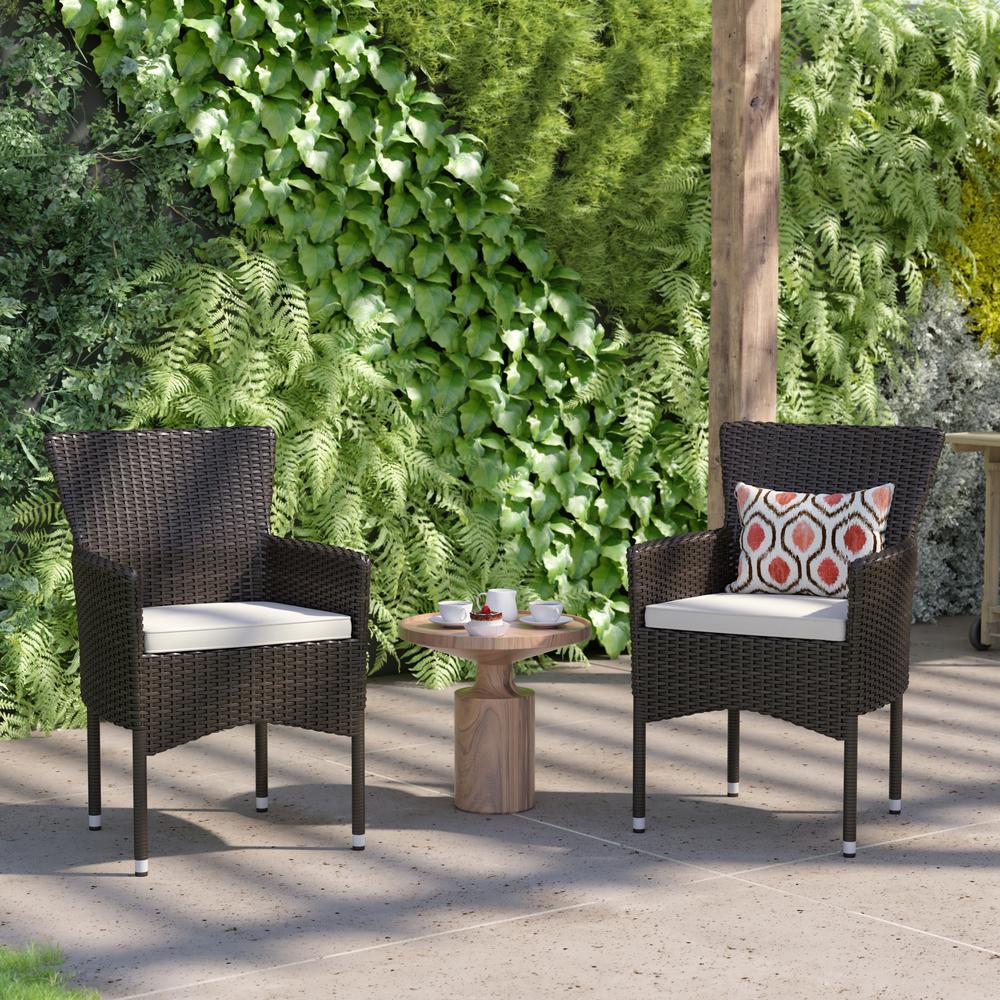 Maxim Modern Espresso Wicker Patio Armchairs for Deck or Backyard, Fade and Weather-Resistant Frames and Cream Cushions-Set of 2. Picture 1