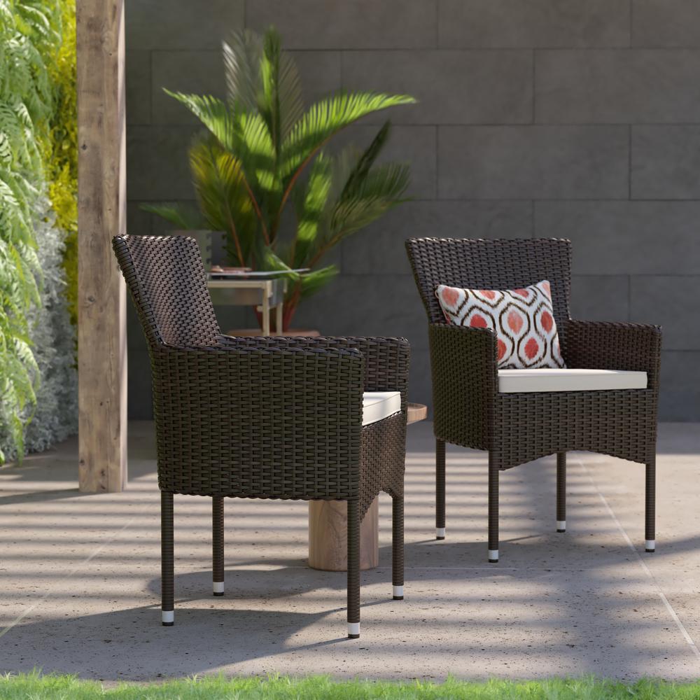 Maxim Modern Espresso Wicker Patio Armchairs for Deck or Backyard, Fade and Weather-Resistant Frames and Cream Cushions-Set of 2. Picture 7