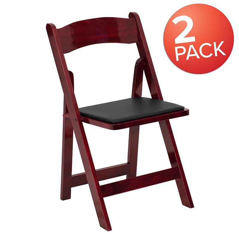 2 Pack HERCULES Series Mahogany Wood Folding Chair with Vinyl Padded Seat. Picture 1