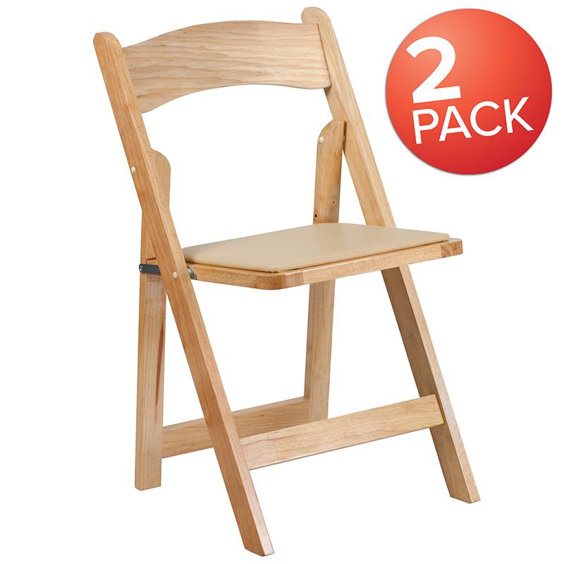 2 Pack HERCULES Series Natural Wood Folding Chair with Vinyl Padded Seat. Picture 1