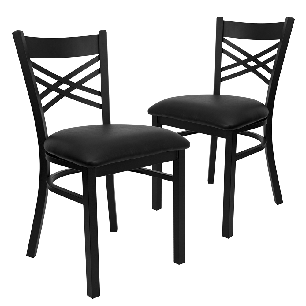 2 Pk. HERCULES Series Black ''X'' Back Metal Restaurant Chair - Black Vinyl Seat. Picture 1