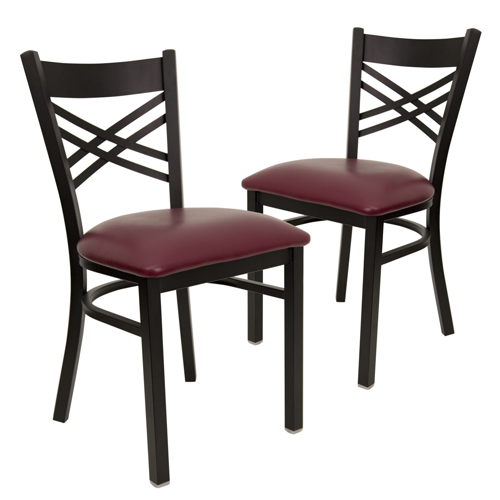 2 Pk. HERCULES Series Black ''X'' Back Metal Restaurant Chair - Burgundy Vinyl Seat. Picture 1