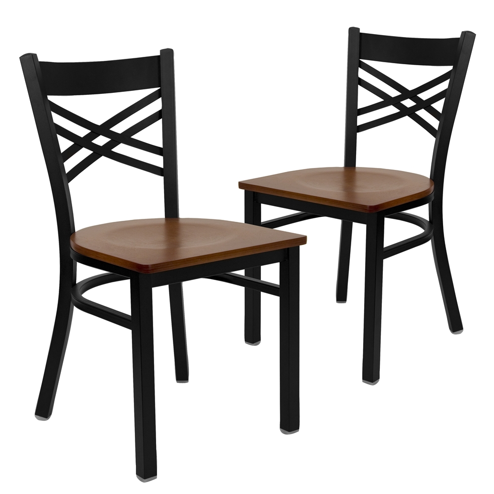 2 Pk. HERCULES Series Black ''X'' Back Metal Restaurant Chair - Cherry Wood Seat. Picture 1