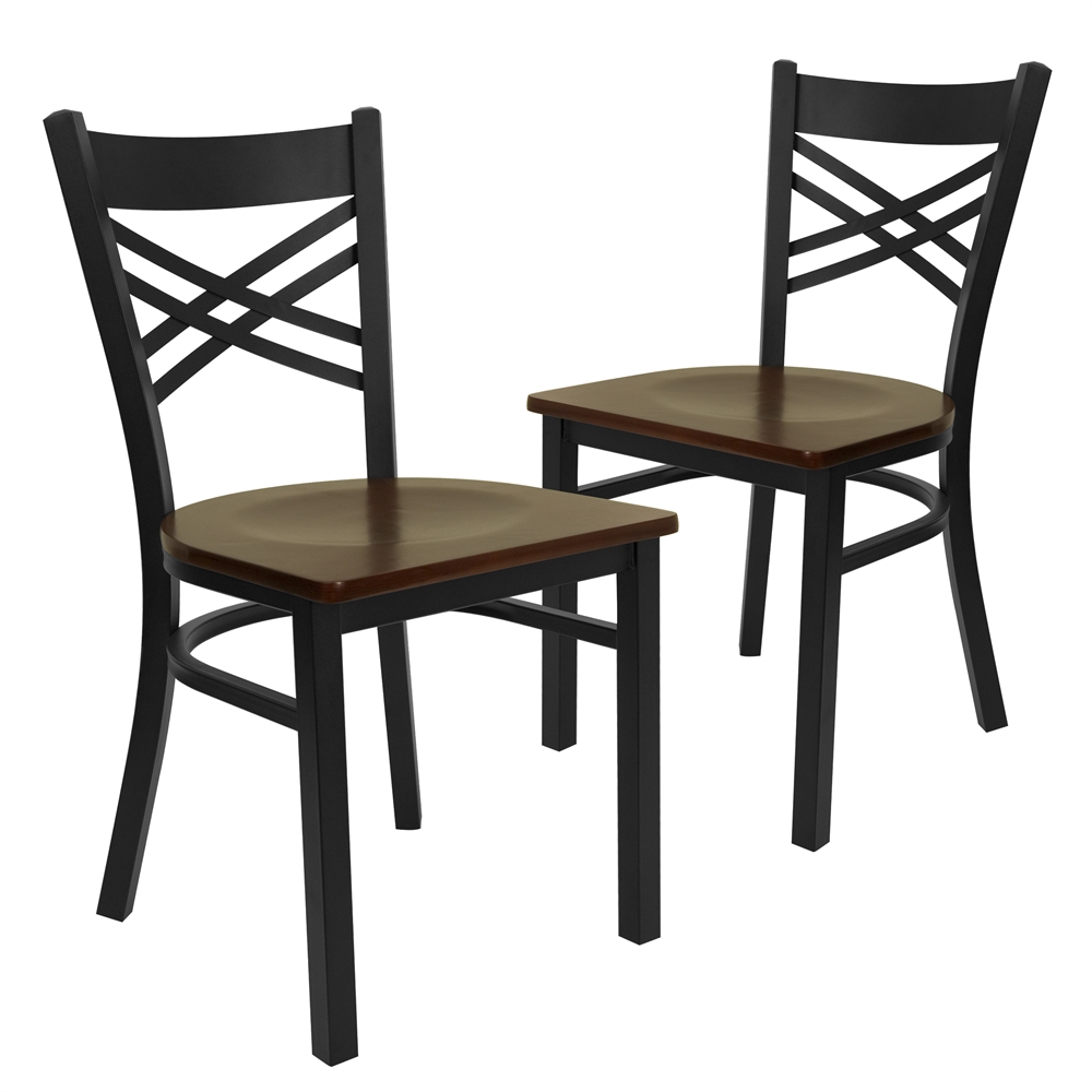 2 Pk. HERCULES Series Black ''X'' Back Metal Restaurant Chair - Mahogany Wood Seat. Picture 1
