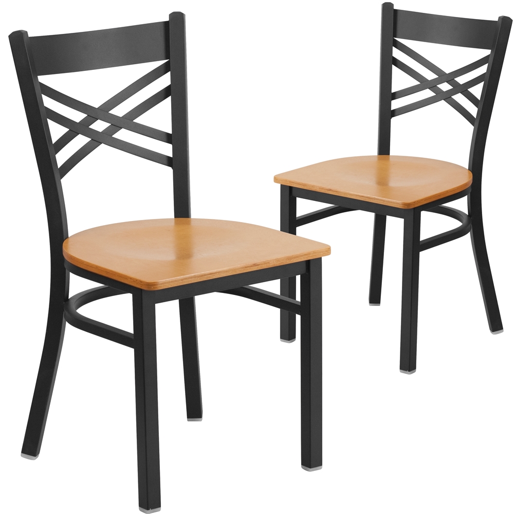 2 Pk. HERCULES Series Black ''X'' Back Metal Restaurant Chair - Natural Wood Seat. Picture 1