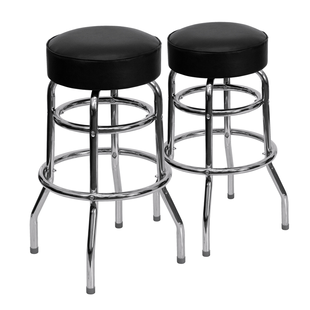 2 Pk. Double Ring Chrome Barstool with Black Seat. Picture 1