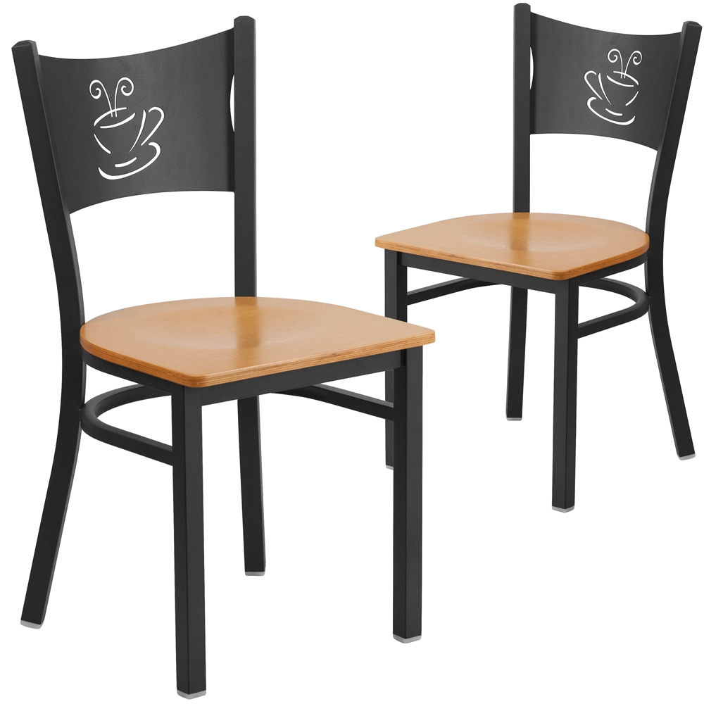 2 Pk. HERCULES Series Black Coffee Back Metal Restaurant Chair - Natural Wood Seat. The main picture.