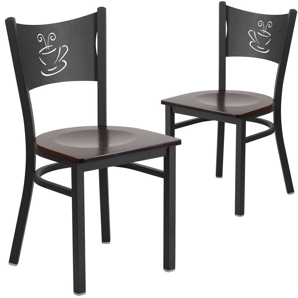 2 Pk. HERCULES Series Black Coffee Back Metal Restaurant Chair - Walnut Wood Seat. Picture 1