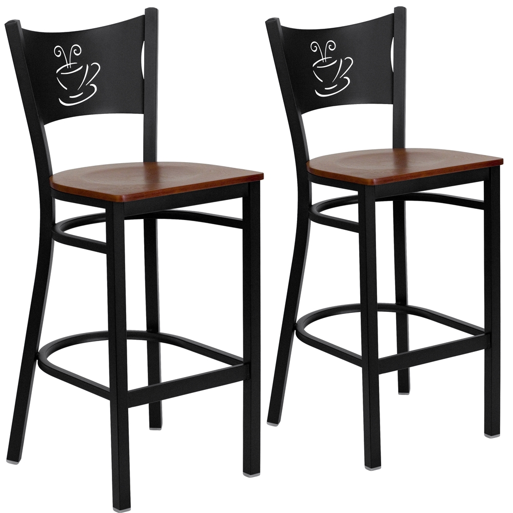 2 Pk. HERCULES Series Black Coffee Back Metal Restaurant Barstool - Cherry Wood Seat. Picture 1
