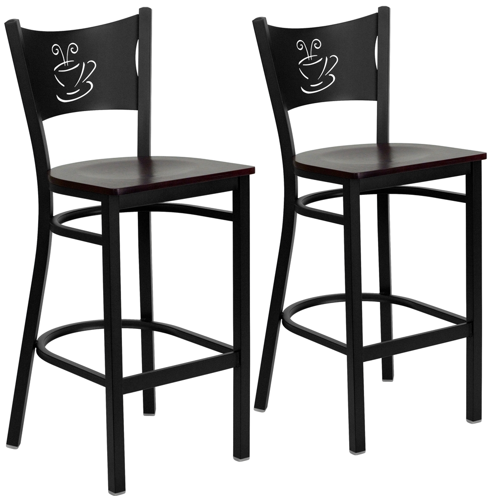 2 Pk. HERCULES Series Black Coffee Back Metal Restaurant Barstool - Mahogany Wood Seat. Picture 1