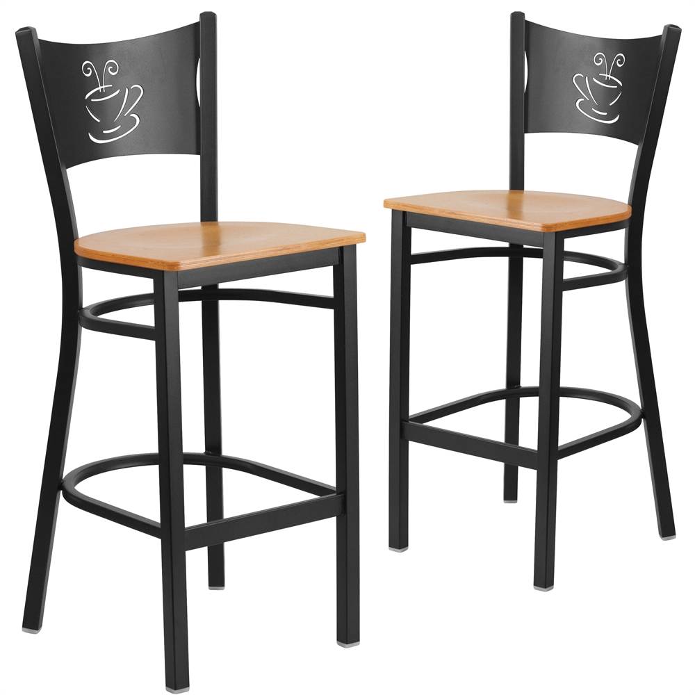 2 Pk. HERCULES Series Black Coffee Back Metal Restaurant Barstool - Natural Wood Seat. The main picture.