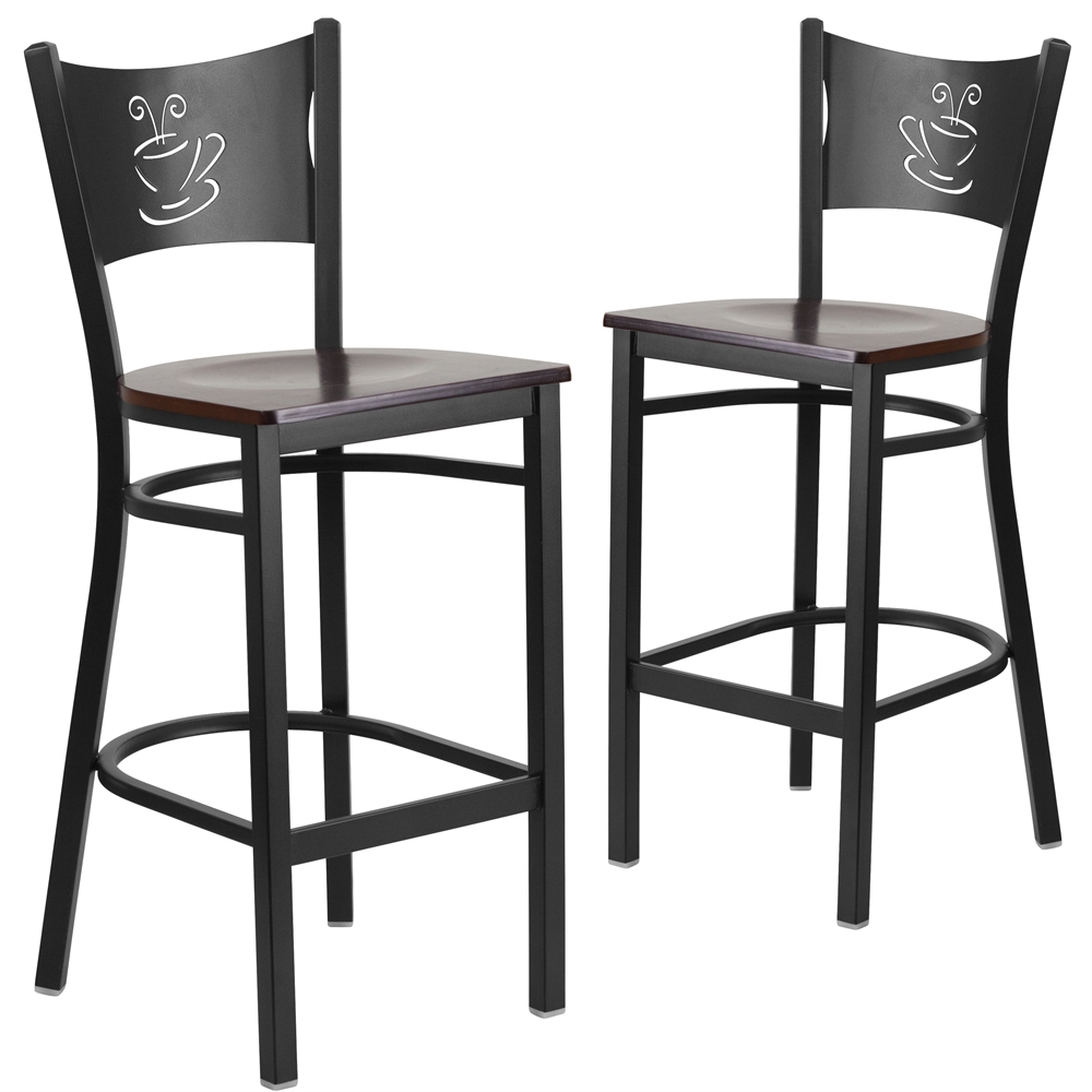 2 Pk. HERCULES Series Black Coffee Back Metal Restaurant Barstool - Walnut Wood Seat. Picture 1