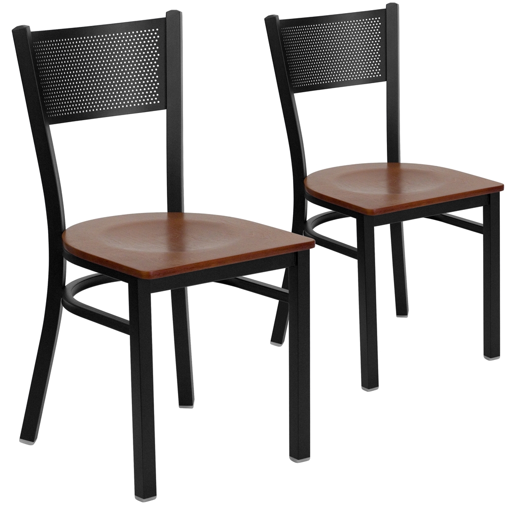 2 Pk. HERCULES Series Black Grid Back Metal Restaurant Chair - Cherry Wood Seat. Picture 1