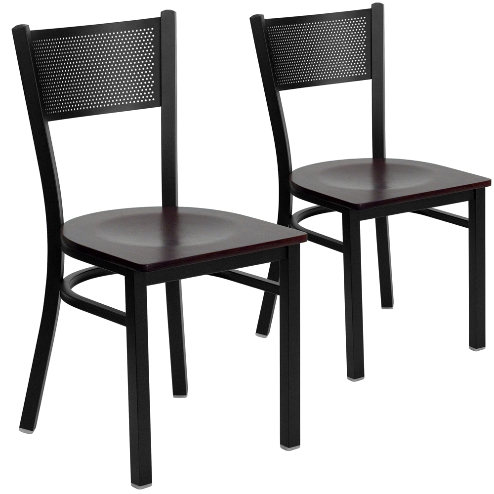 2 Pk. HERCULES Series Black Grid Back Metal Restaurant Chair - Mahogany Wood Seat. Picture 1