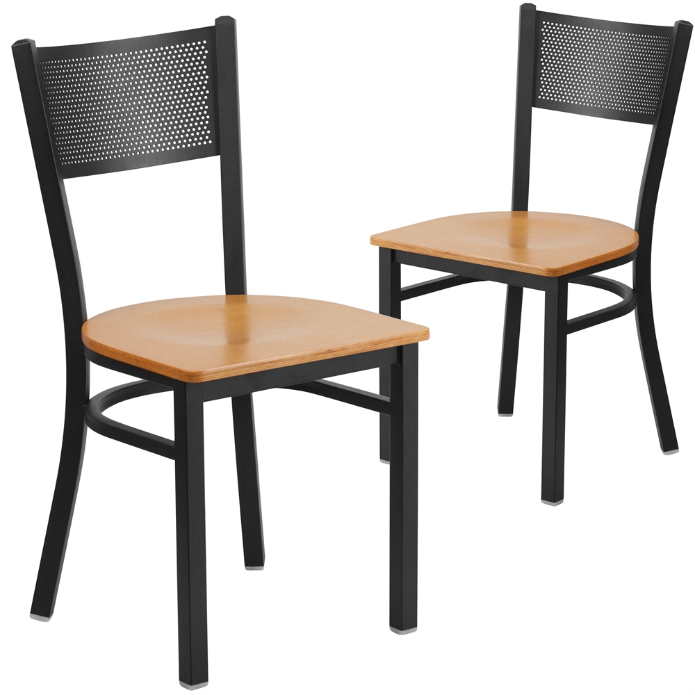 2 Pk. HERCULES Series Black Grid Back Metal Restaurant Chair - Natural Wood Seat. Picture 1