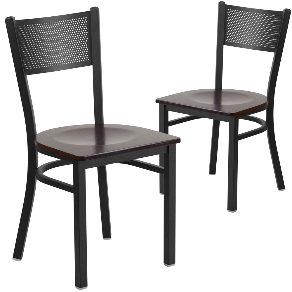 2 Pk. HERCULES Series Black Grid Back Metal Restaurant Chair - Walnut Wood Seat. Picture 1