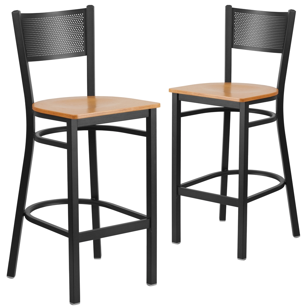 2 Pk. HERCULES Series Black Grid Back Metal Restaurant Barstool - Natural Wood Seat. Picture 1