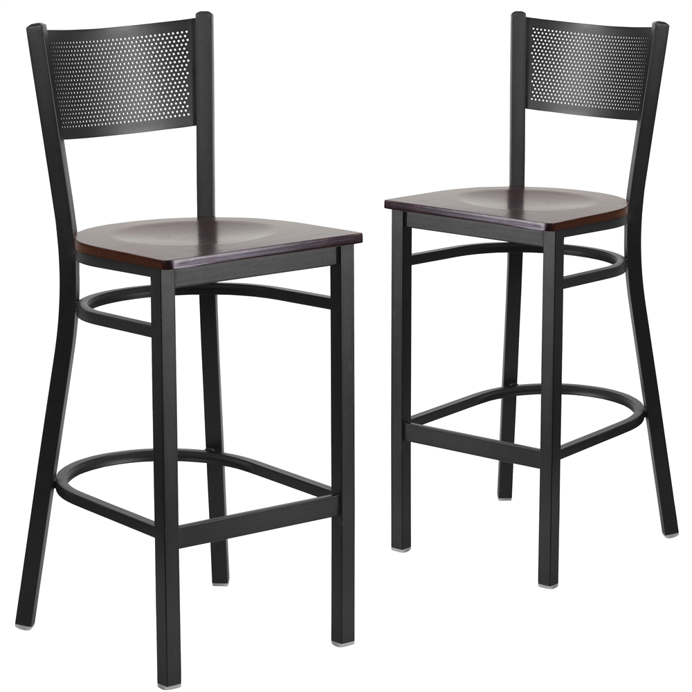 2 Pk. HERCULES Series Black Grid Back Metal Restaurant Barstool - Walnut Wood Seat. Picture 1