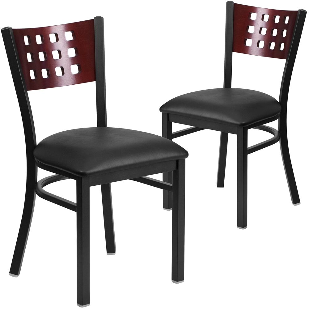 2 Pk. HERCULES Series Black Decorative Cutout Back Metal Restaurant Chair - Mahogany Wood Back, Black Vinyl Seat. Picture 1