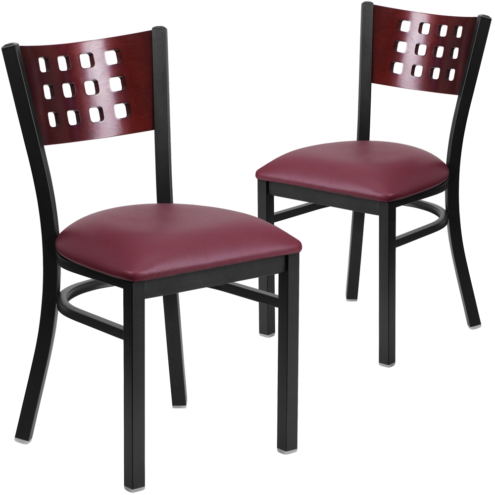 2 Pk. HERCULES Series Black Decorative Cutout Back Metal Restaurant Chair - Mahogany Wood Back, Burgundy Vinyl Seat. Picture 1