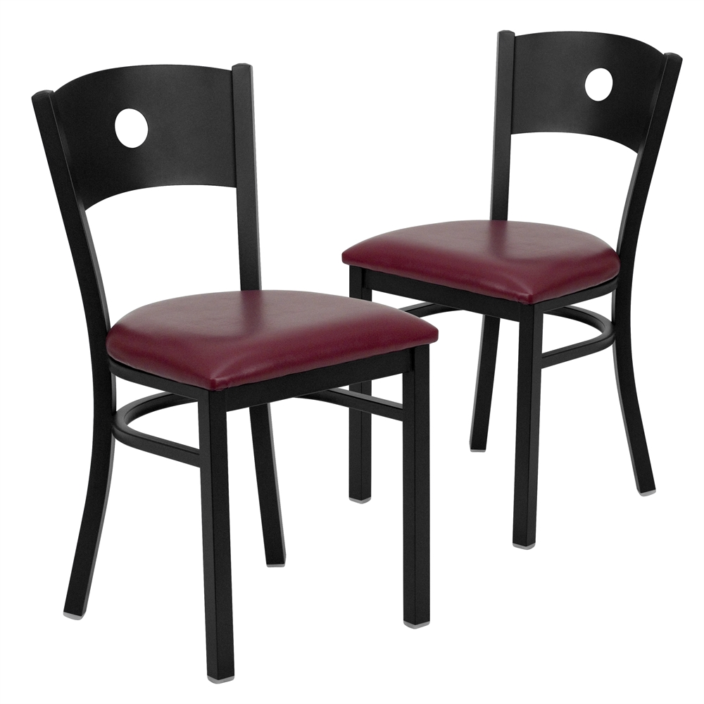 2 Pk. HERCULES Series Black Circle Back Metal Restaurant Chair - Burgundy Vinyl Seat. Picture 1