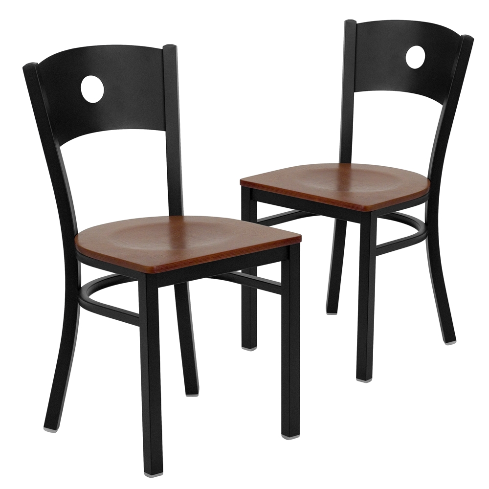 2 Pk. HERCULES Series Black Circle Back Metal Restaurant Chair - Cherry Wood Seat. Picture 1